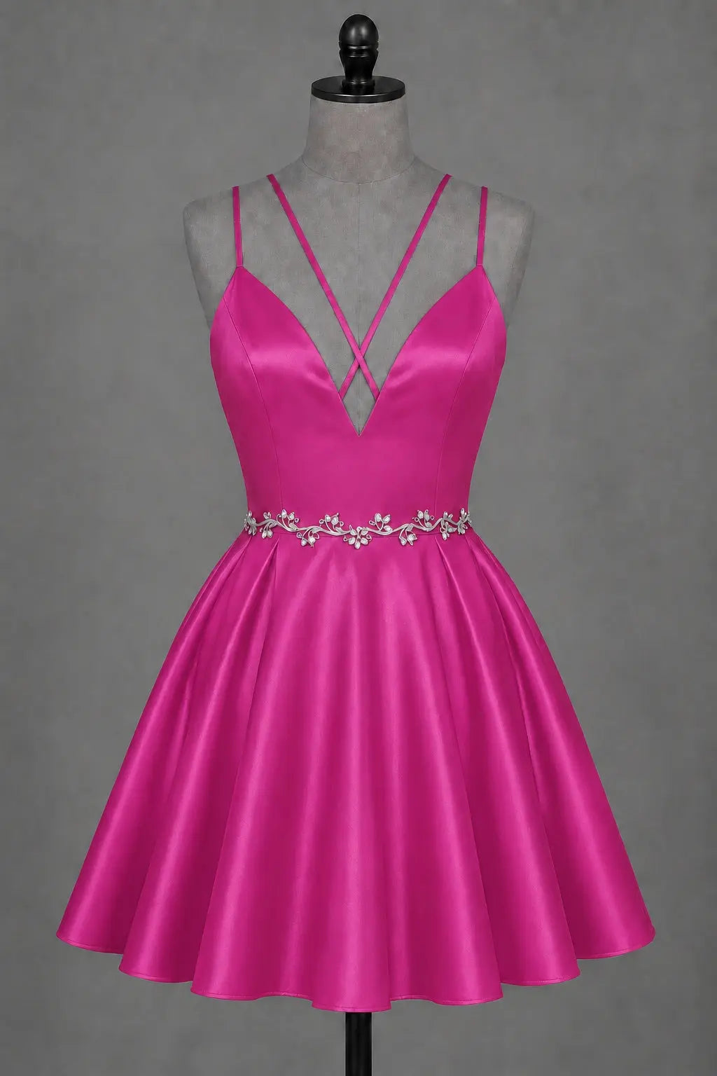 Red V Neck Satin Mini A Line Homecoming Dress With Pockets