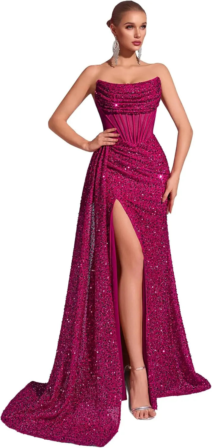 Mermaid Sequin Strapless Red Long Formal Prom Dresses Corset Split Ball Gowns