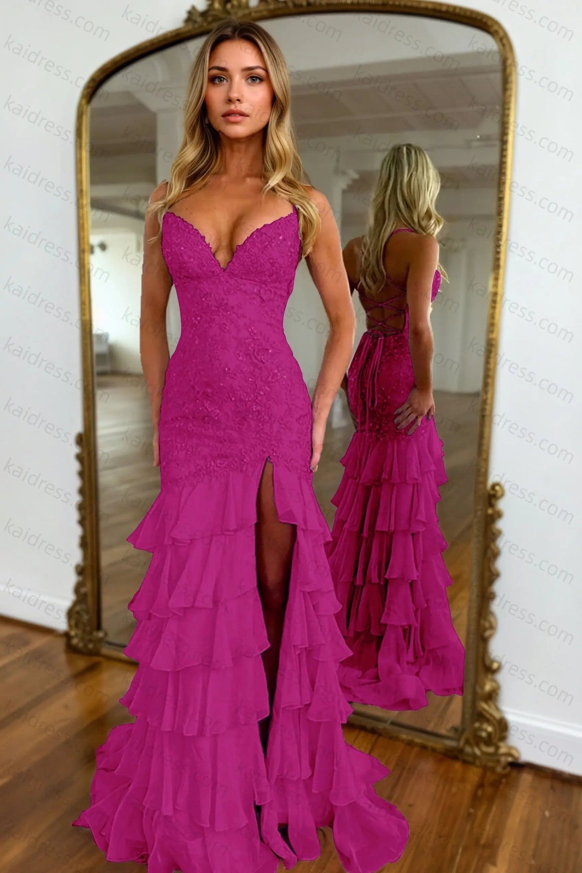 Mermaid Sparkly Lilac Lace Appliques Sheath Tiered Long Chiffon Prom Dress with Slit