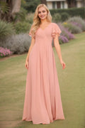 A-Line/Princess Chiffon Ruffles V-neck Short Sleeves Floor-Length Bridesmaid Dresses