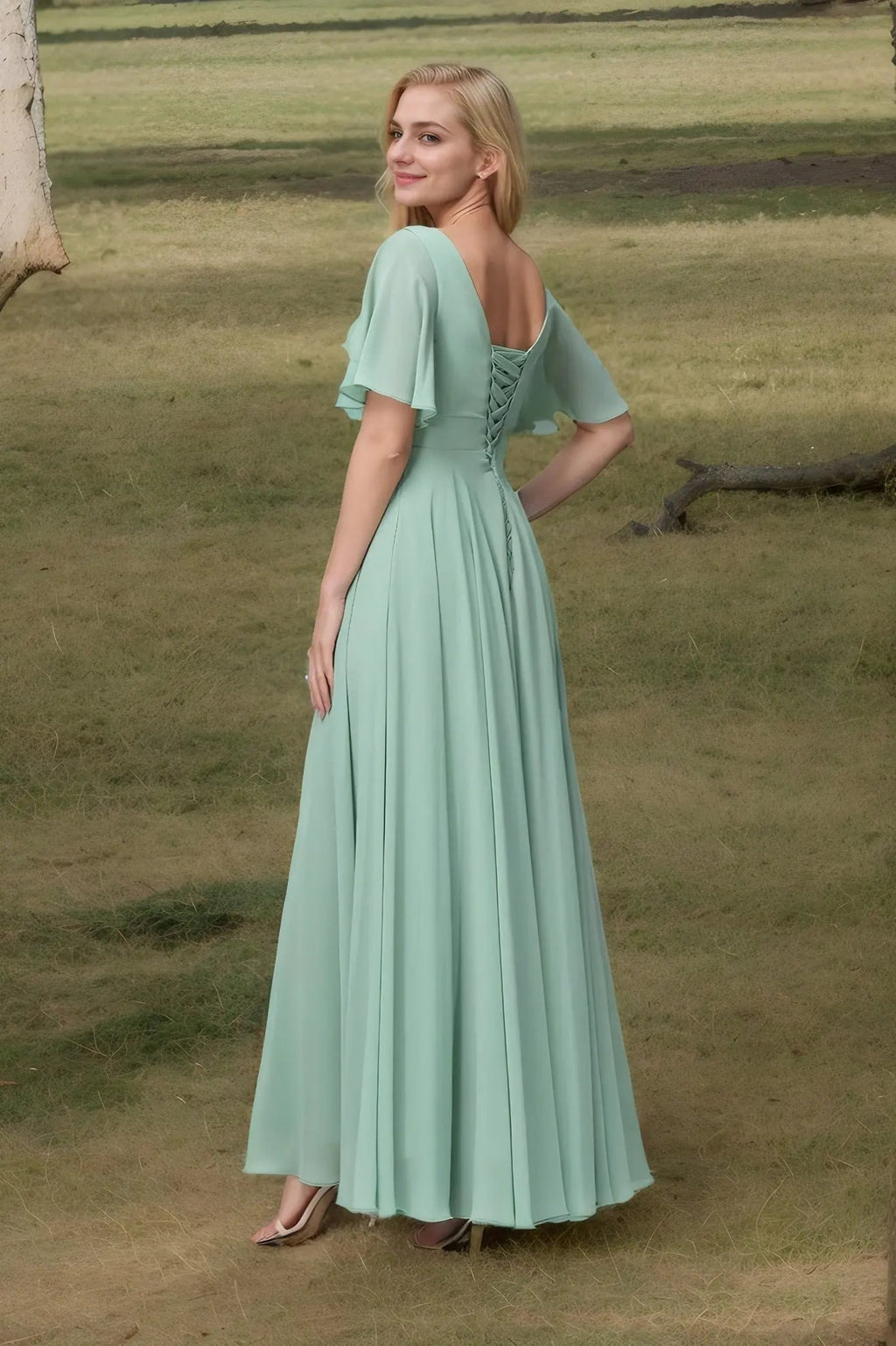 A-Line/Princess Chiffon Ruffles V-neck Short Sleeves Floor-Length Bridesmaid Dresses