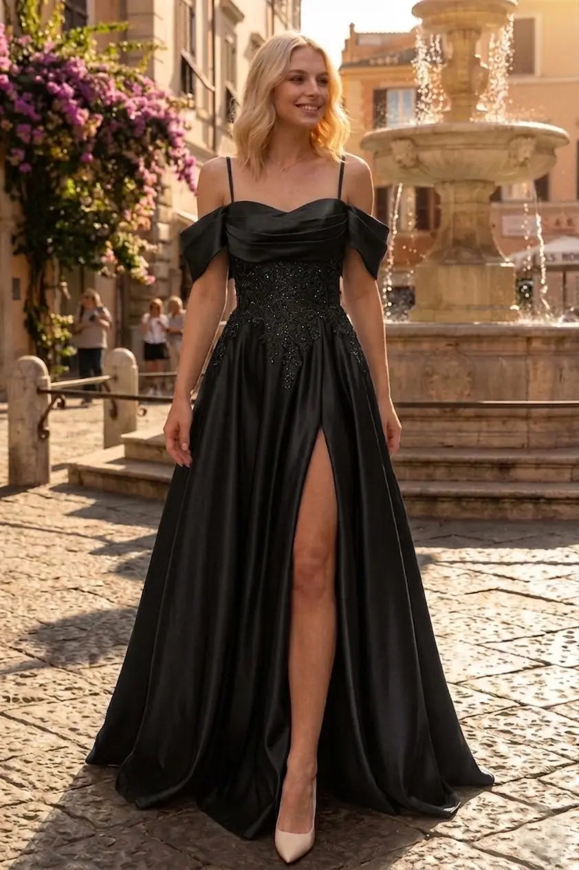 A-line Spaghetti Straps Short Sleeve Sweep Train Satin Prom Dress with Appliqued Beading Pleated Pockets