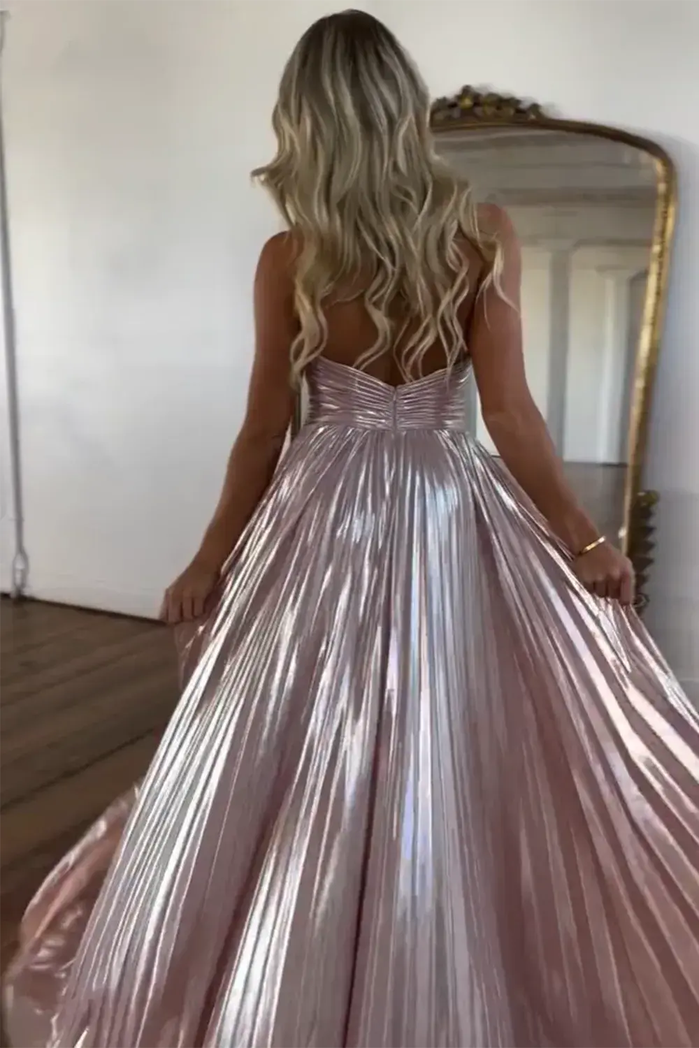 Glitter Turquoise Halter Cut Out Backless Metallic Long Prom Dress with Slit
