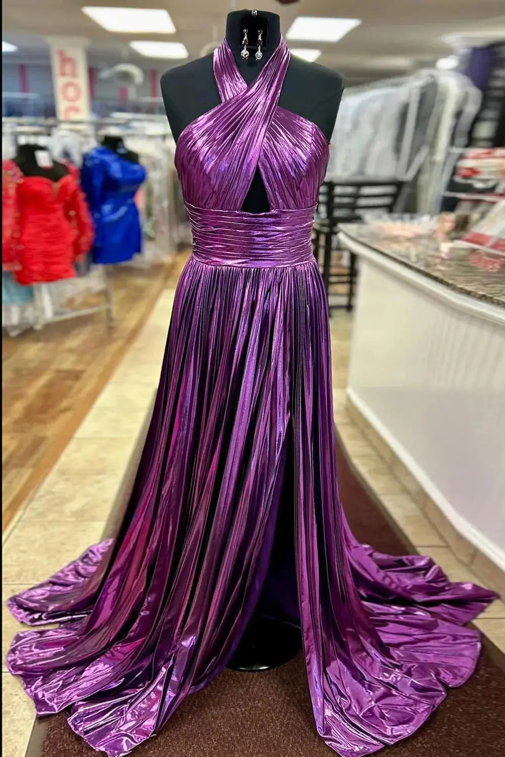 Glitter Turquoise Halter Cut Out Backless Metallic Long Prom Dress with Slit