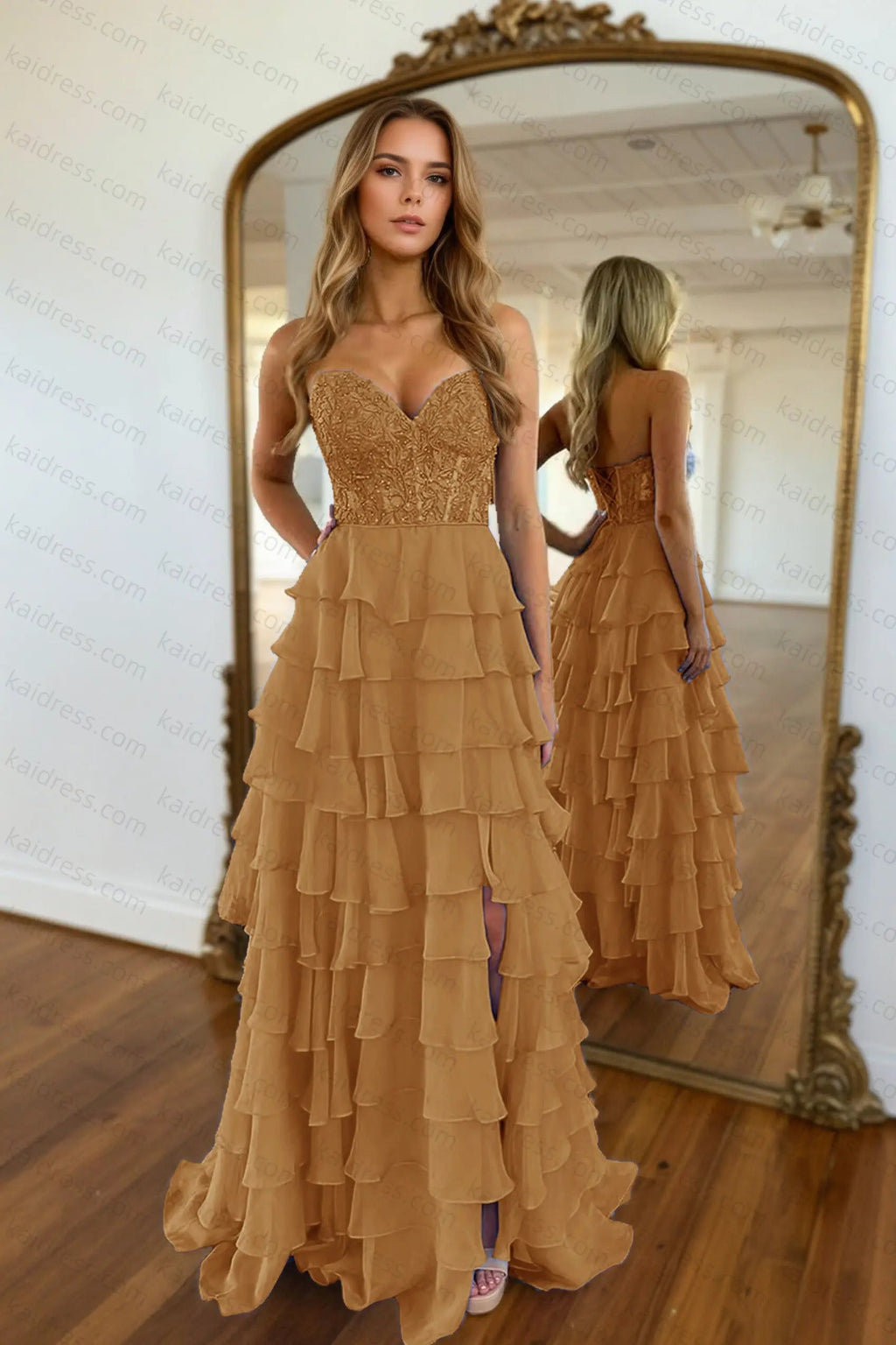 A-line/Princess Chiffon Fuchsia Sweetheart Tiered Ruffles Prom Dress with Slit Applique