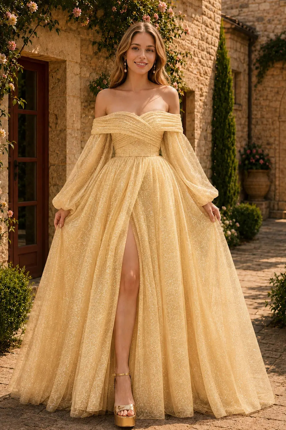 A-Line/Princess Tulle Ruched Long  Off-the-Shoulder Long Sleeves Prom Dresses Detachable Sleeves