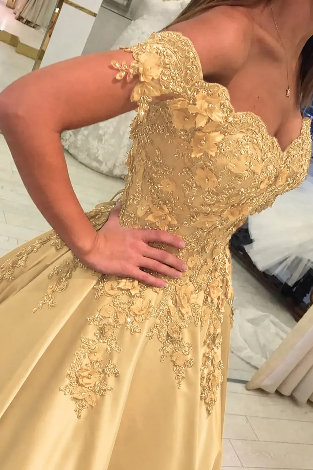 Appliquéd Off-the-Shoulder Satin Princess Prom Dress with Beads