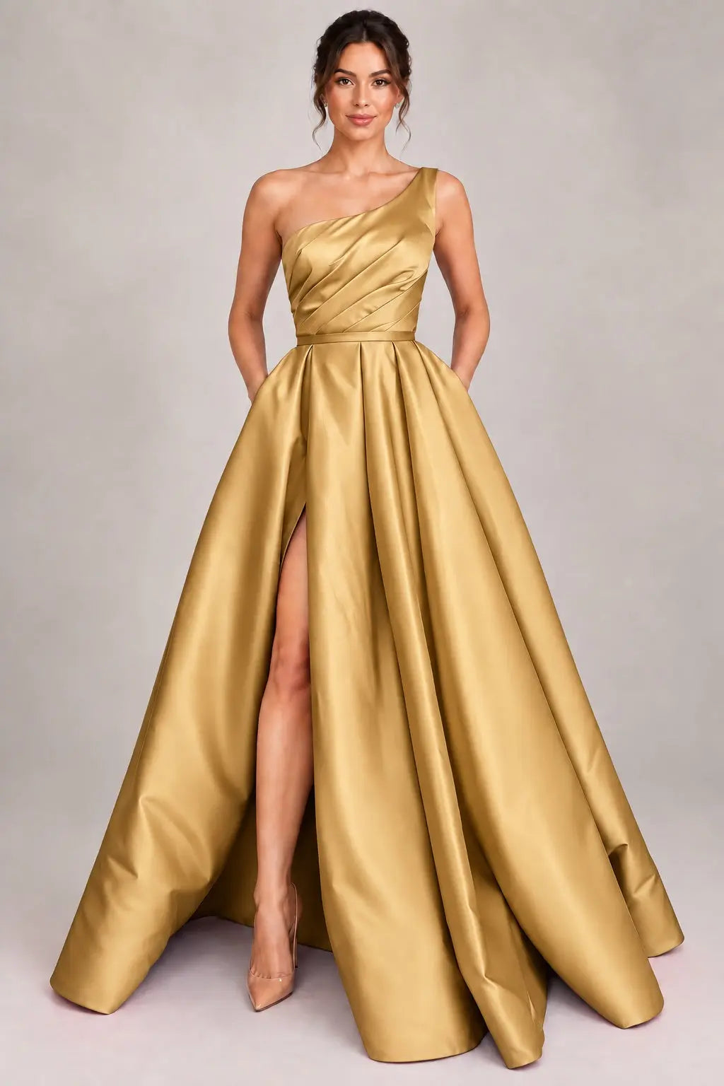 A-line Sleeveless One-Shoulder Long/Floor-Length Satin Prom Dress With Split Ruffles Pockets