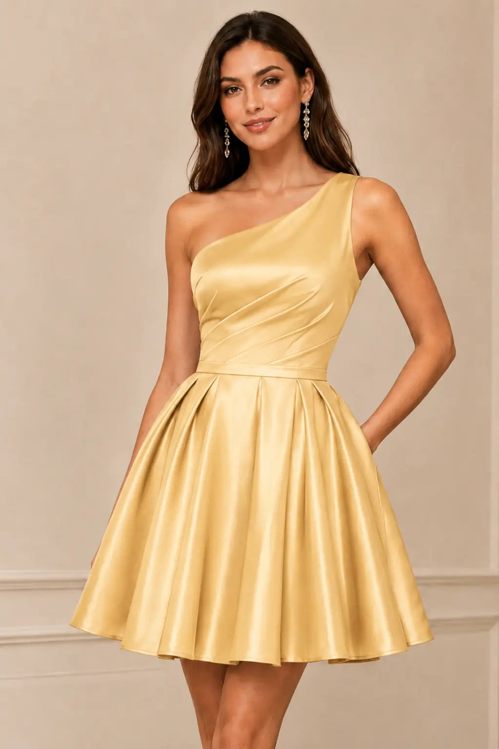 Green One Shoulder Satin Mini A Line Homecoming Dress With Pockets