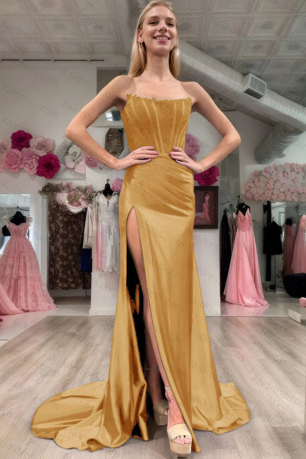 Sheath/Column Elastic Woven Satin Ruched Off-the-Shoulder Sleeveless Sweep/Brush Train Prom Dresses