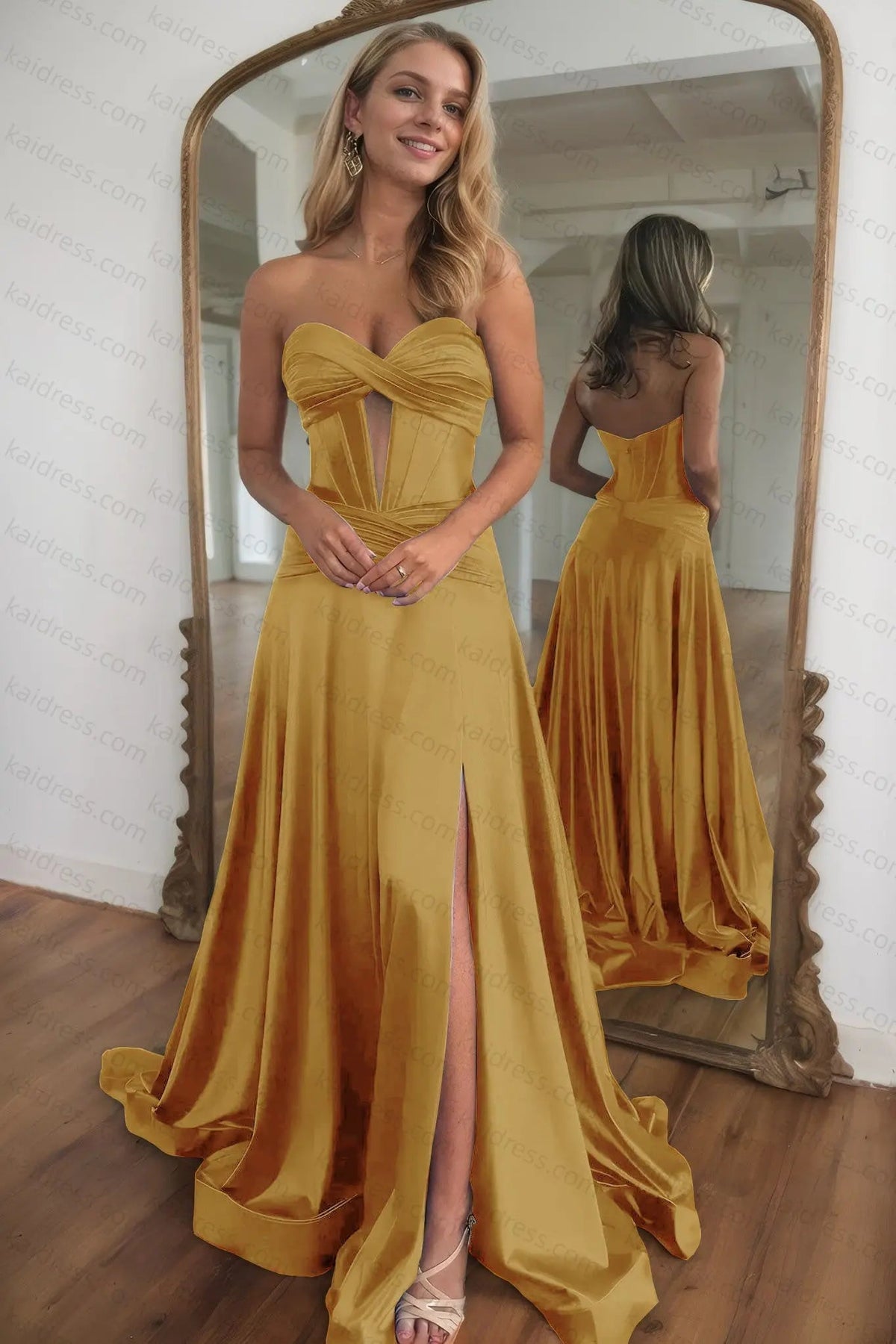 A-line Strapless Silk Long Blue Prom Dresses Elegant Evening Dress