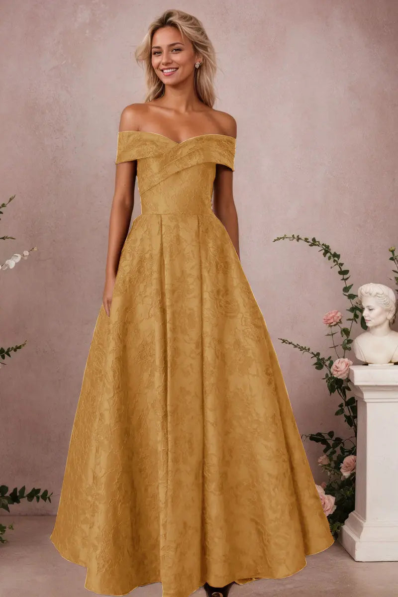 A-Line Off Shoulder Satin Burgundy Long Prom Dress Floral Jacquard Formal Ball Gowns