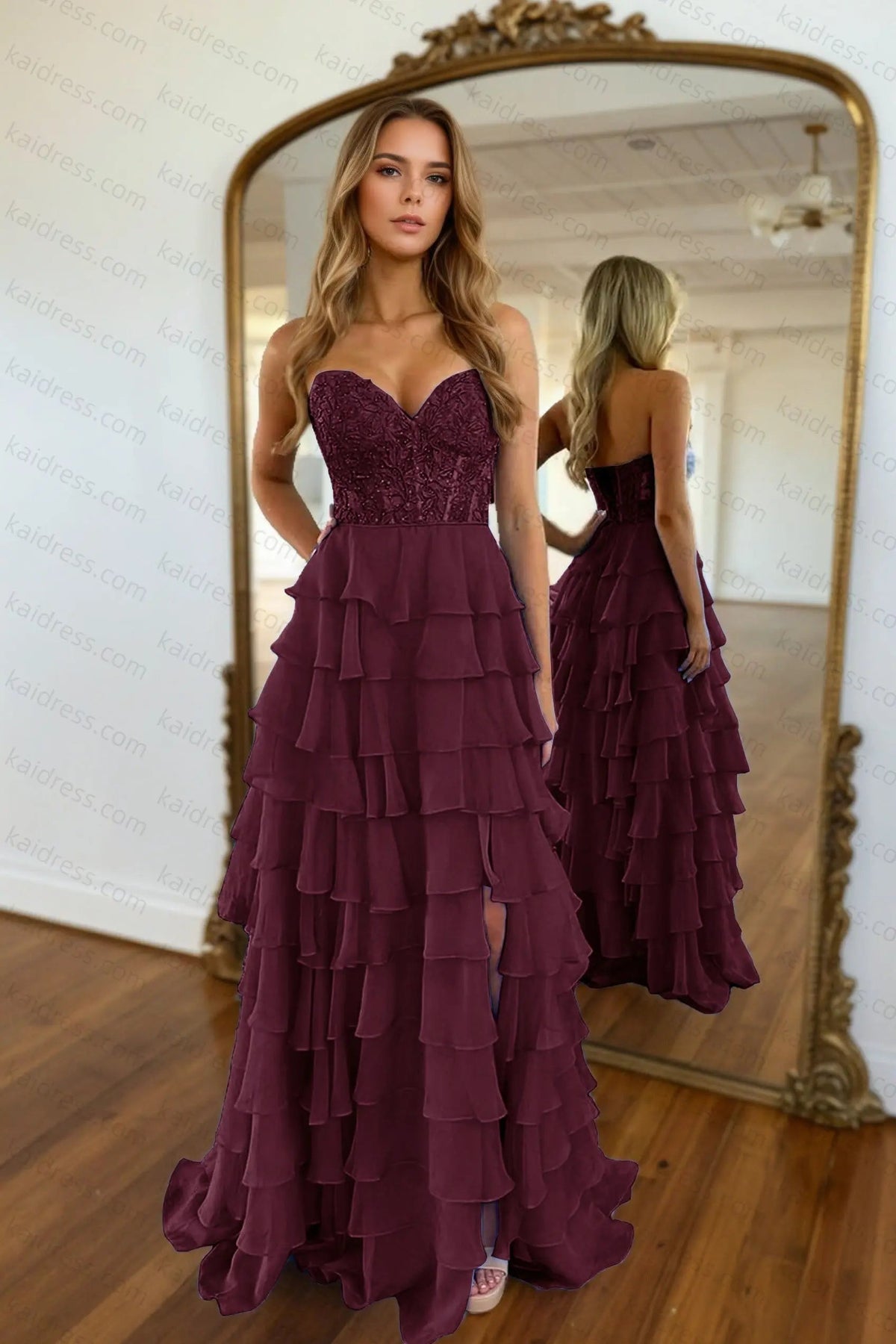 A-line/Princess Chiffon Fuchsia Sweetheart Tiered Ruffles Prom Dress with Slit Applique
