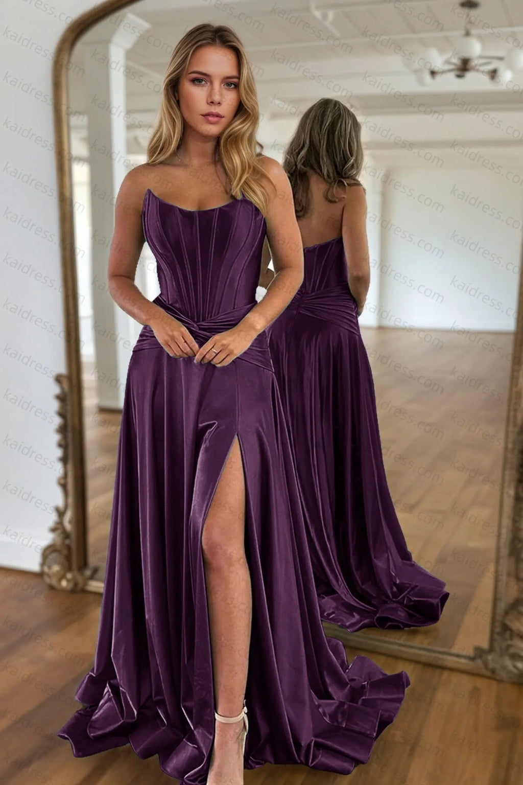 A-line Off-the-Shoulder Sleeveless Court Train Silk like Satin Green Prom Dresses With Pleated Split