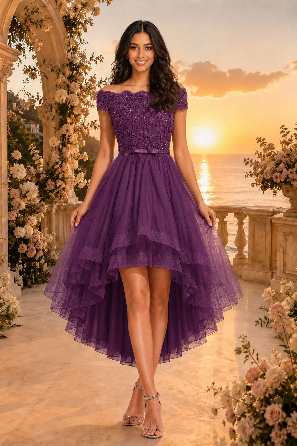 Burgundy Off the Shoulder A Line Strapless Lace Tulle Asymmetrical Dress