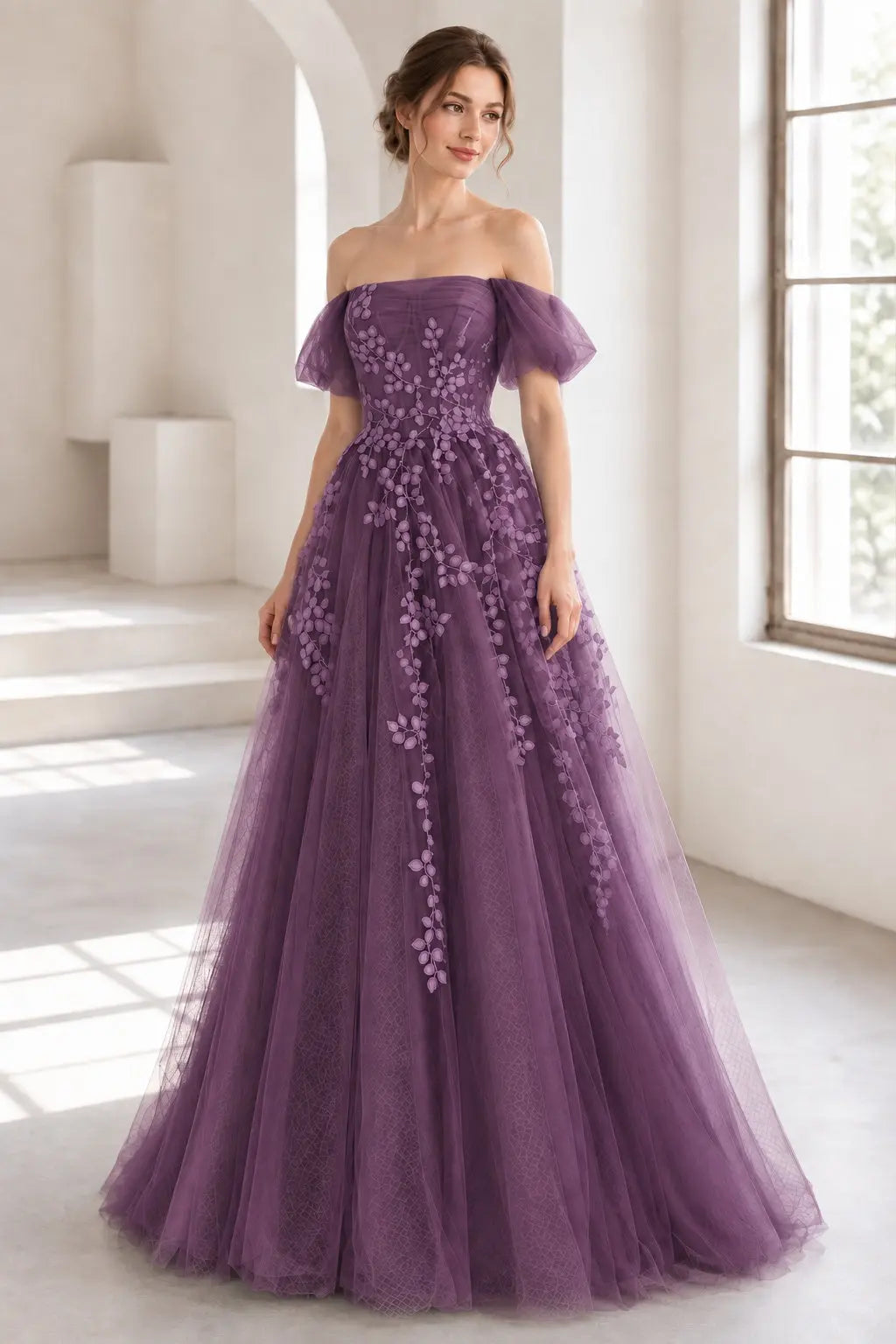 A-Line Tulle Lace Long Prom Dress Off the Shoulder Formal Evening Dress