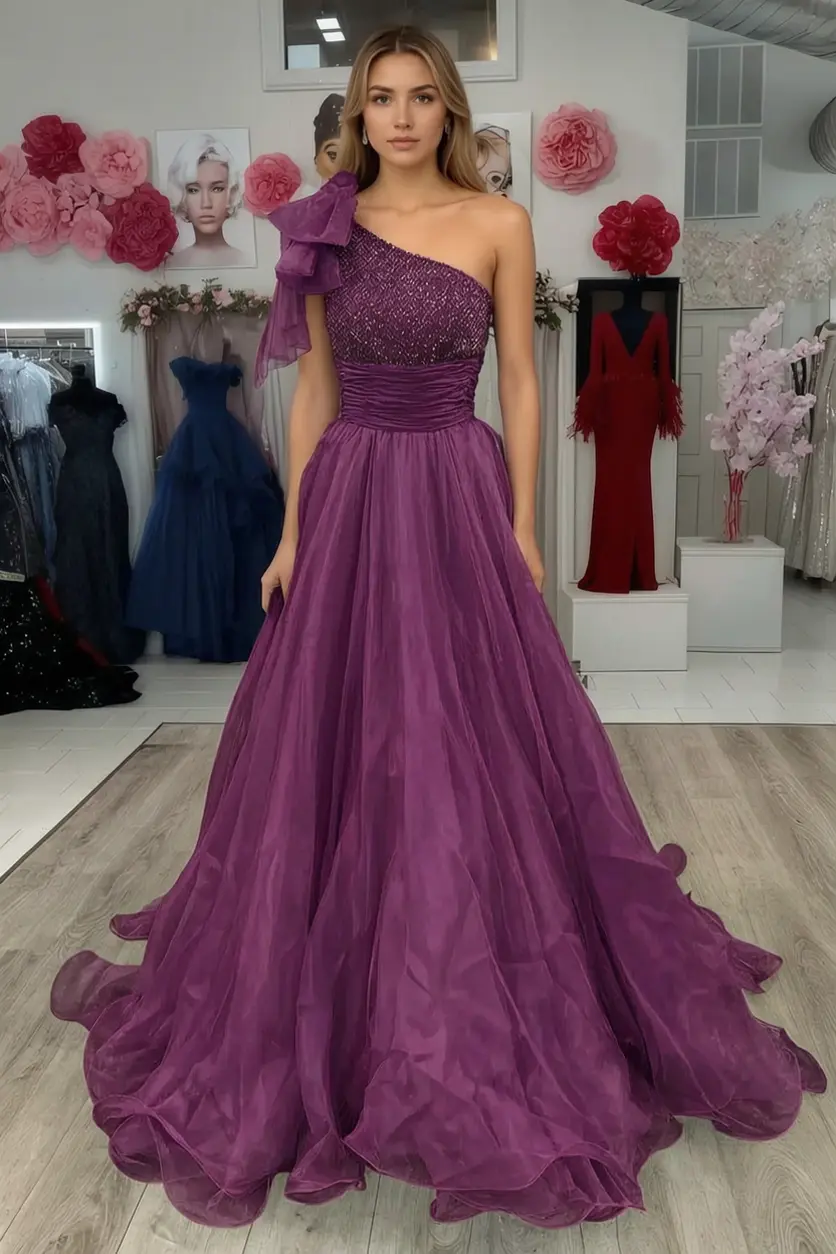 A Line Sparkly Sky Blue One Shoulder Long Prom Dress with Beading