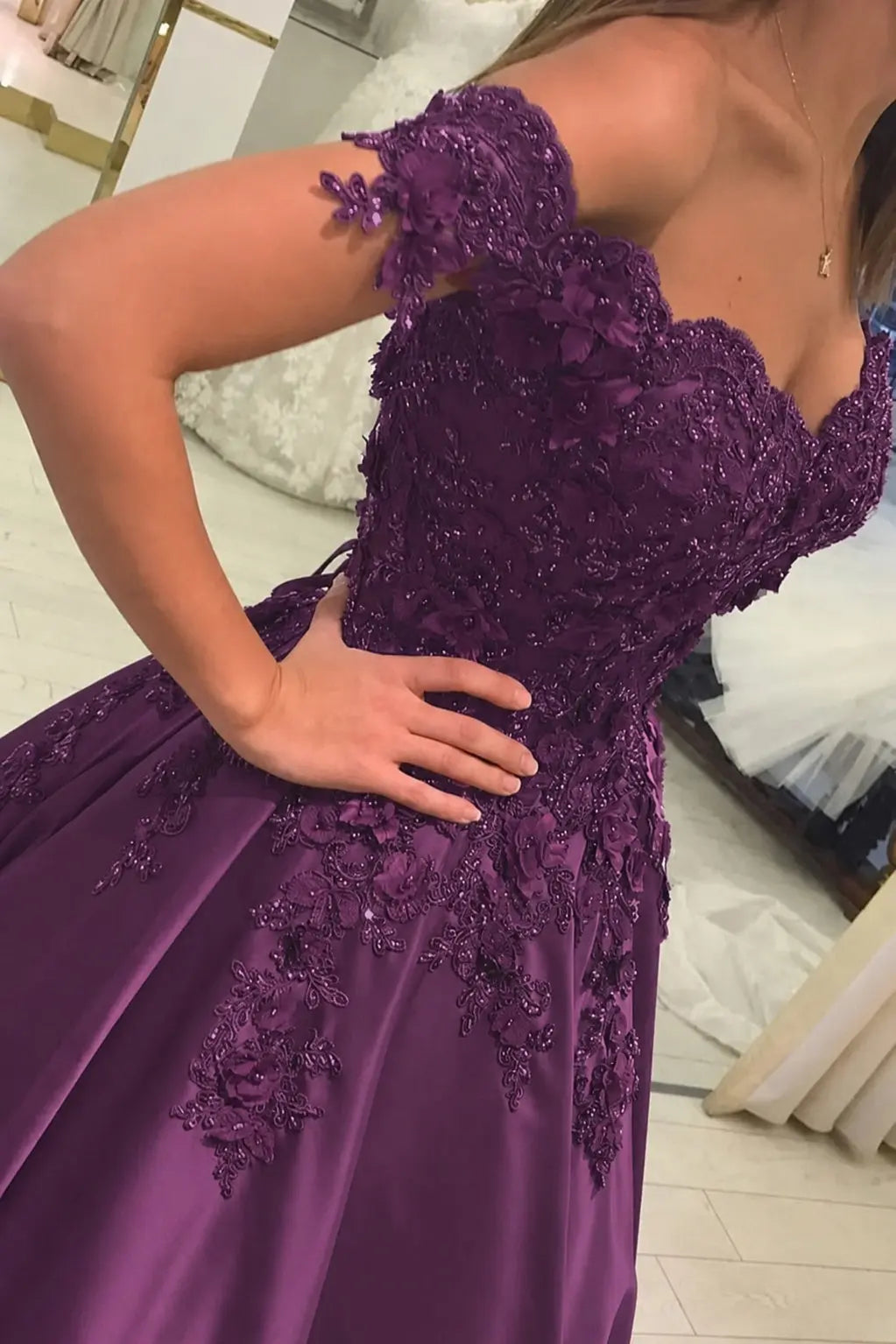 Appliquéd Off-the-Shoulder Satin Princess Prom Dress with Beads