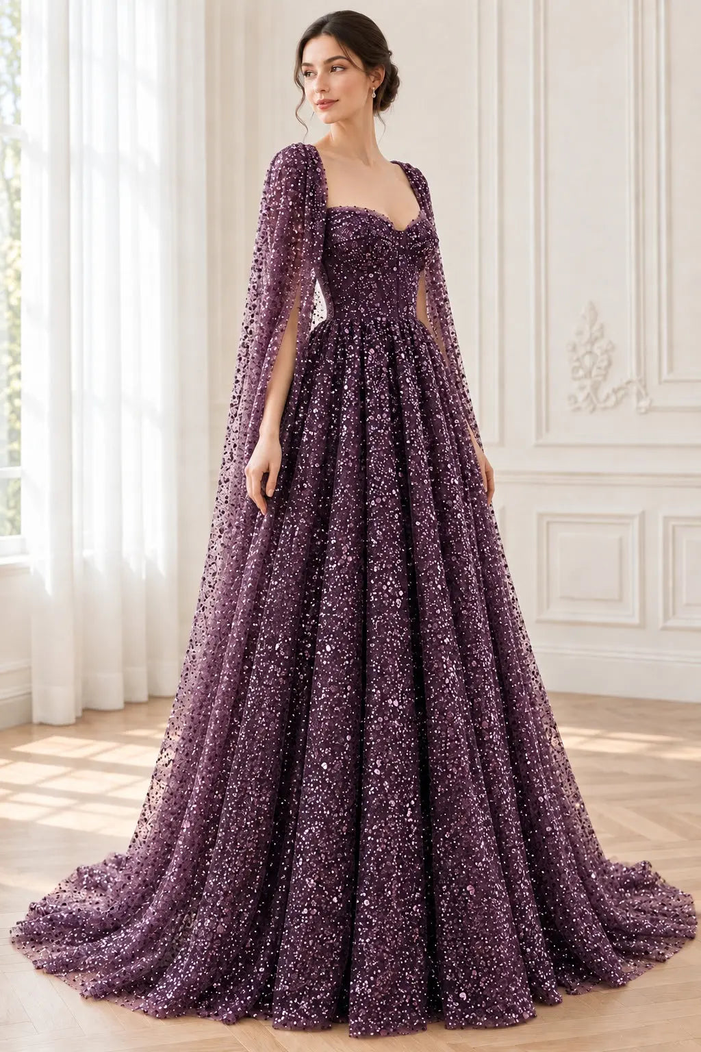 A-line Sequin Lace Purple Long Prom Dresses Sparkly Formal Evening Gowns