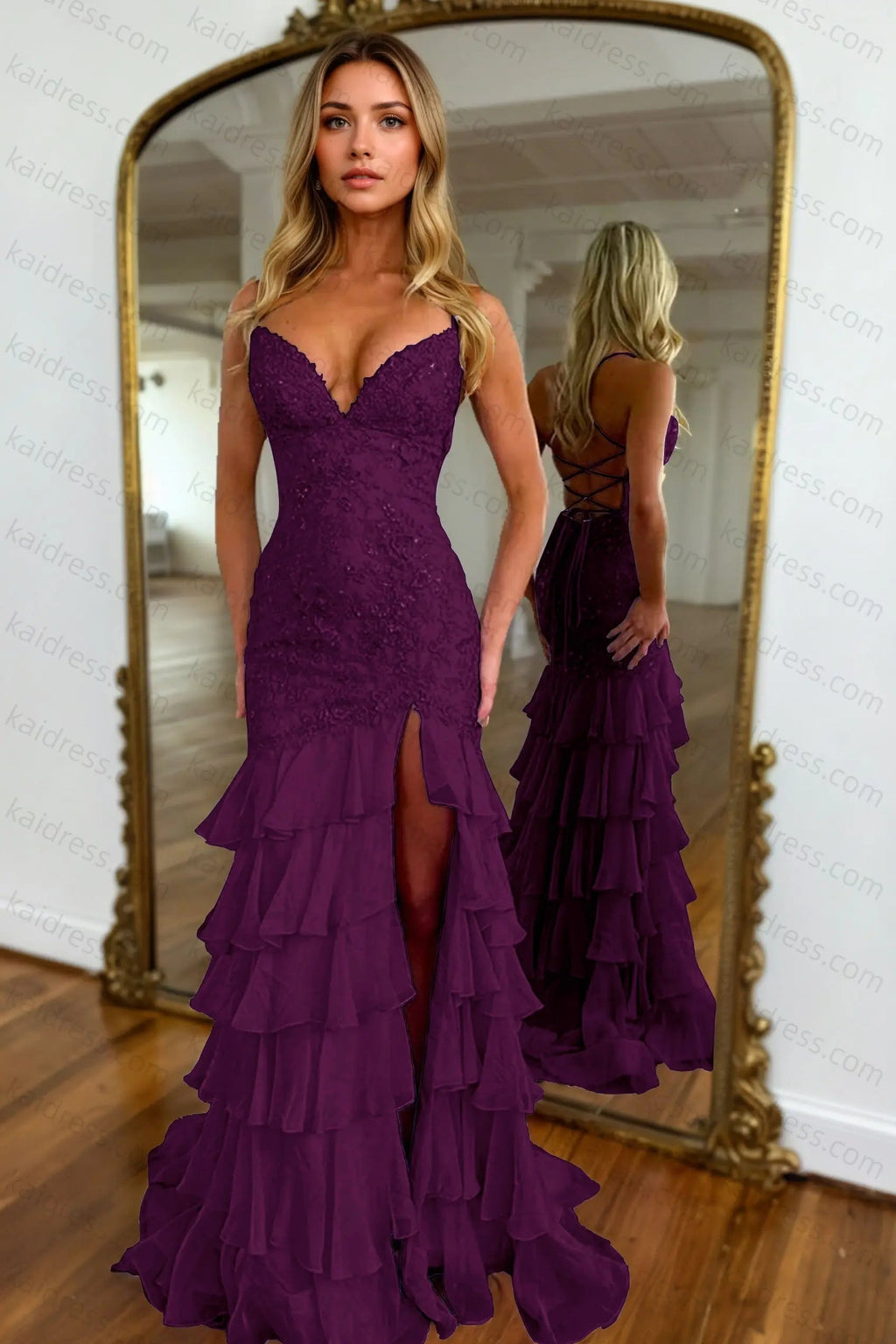 Mermaid Sparkly Lilac Lace Appliques Sheath Tiered Long Chiffon Prom Dress with Slit