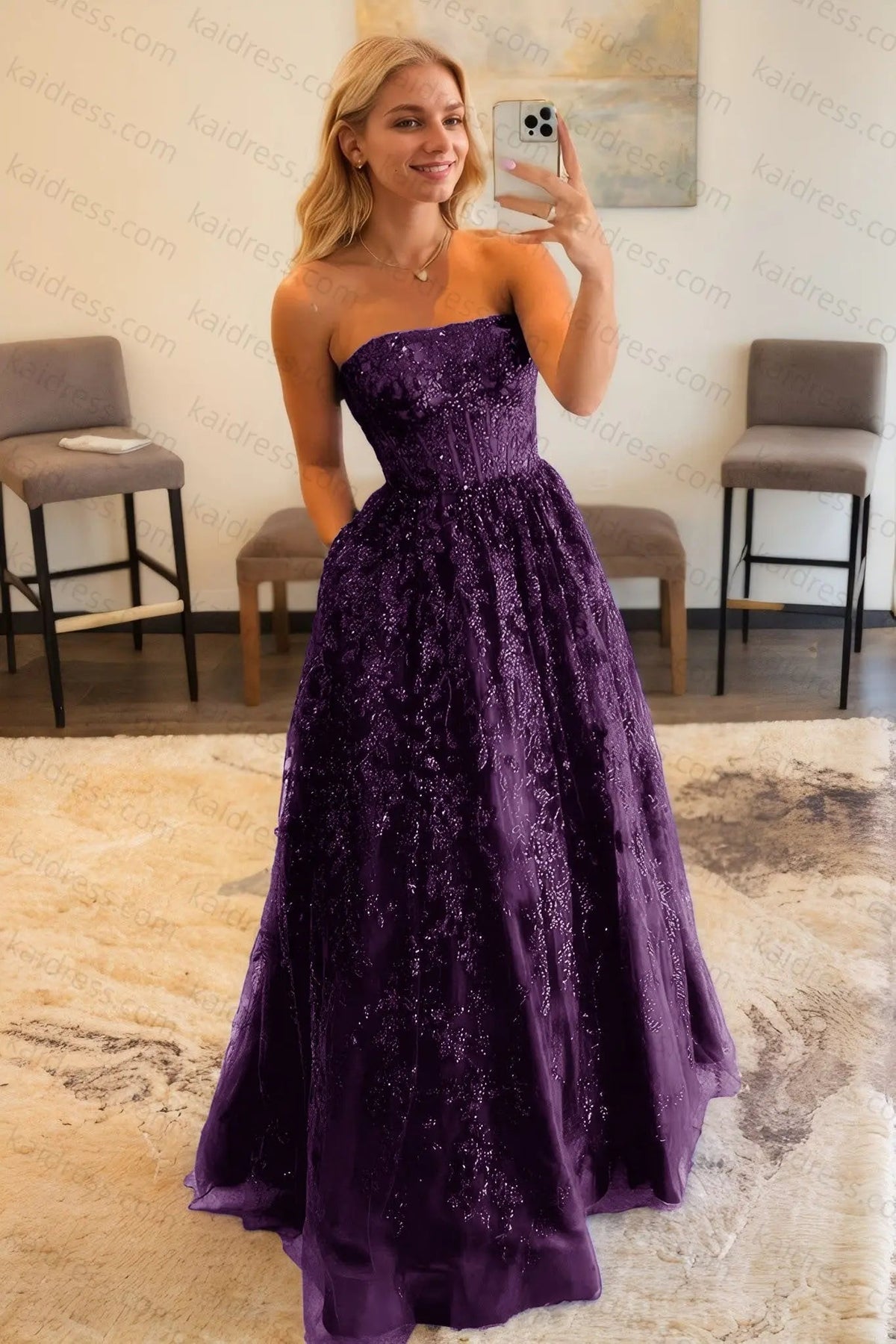 A-line Bateau Strapless Long/Floor-Length Lace Prom Dresses With Pockets Special Occasion Dresses