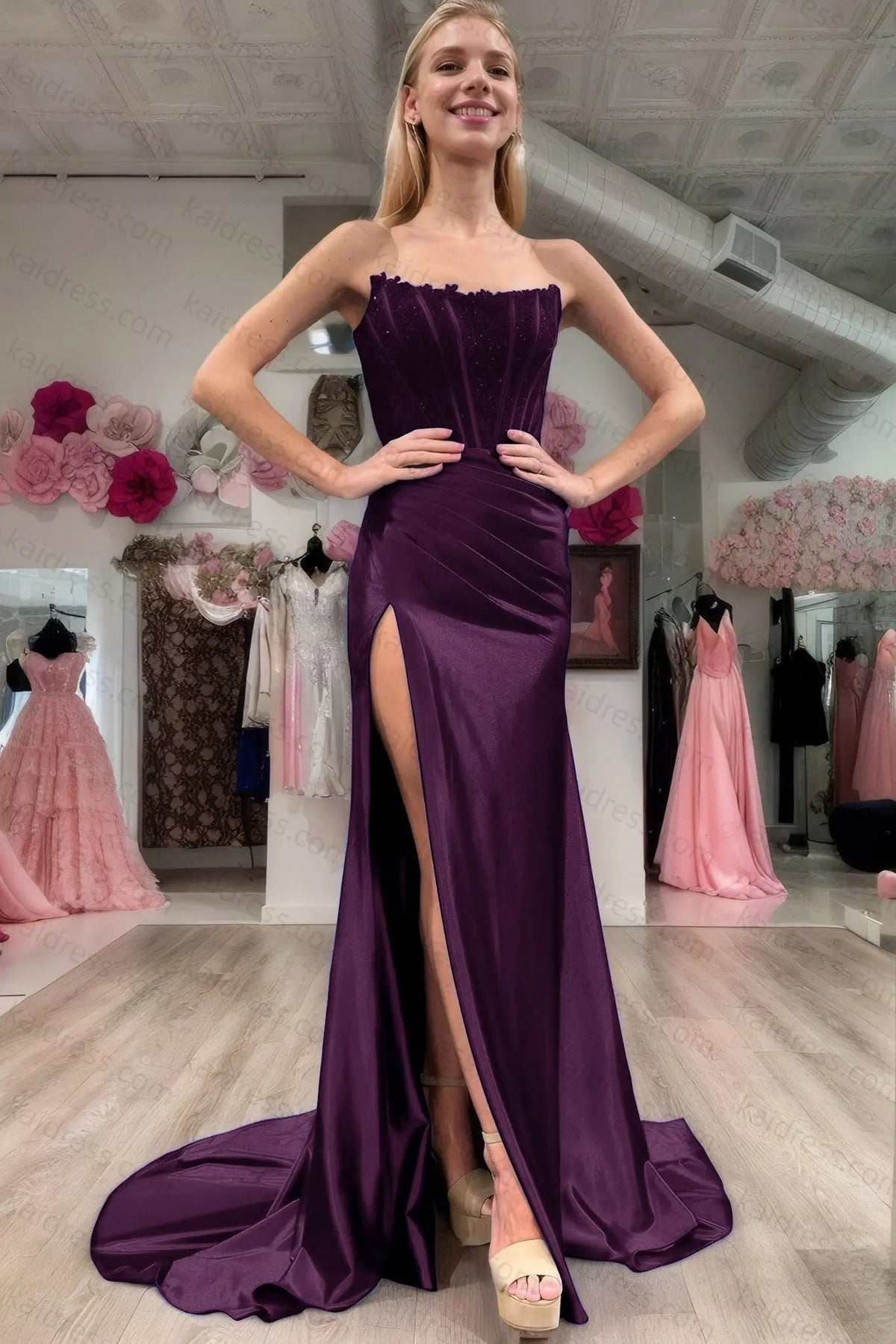 Sheath/Column Elastic Woven Satin Ruched Off-the-Shoulder Sleeveless Sweep/Brush Train Prom Dresses