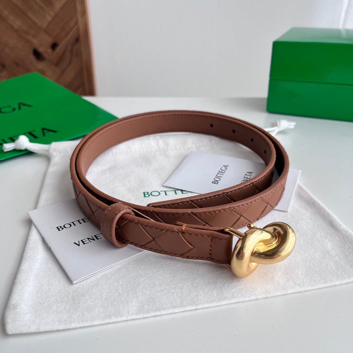 BV 26S Intreccio Andiamo Knot Buckle Belt 3cm Camel Gold Calfskin 192587