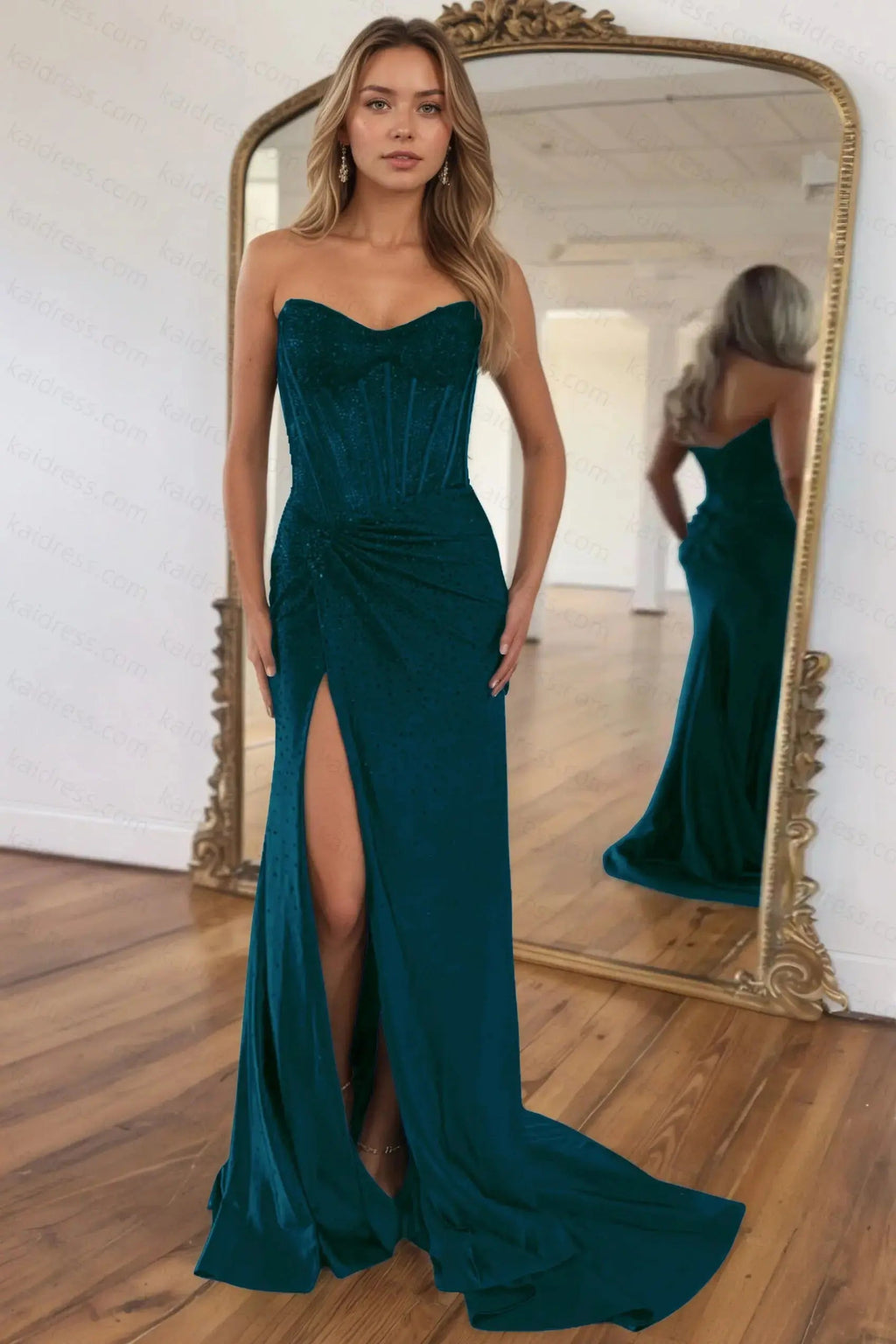 Mermaid Sparkly Golden Sweetheart Beaded Long Corset Prom Dress with Slit