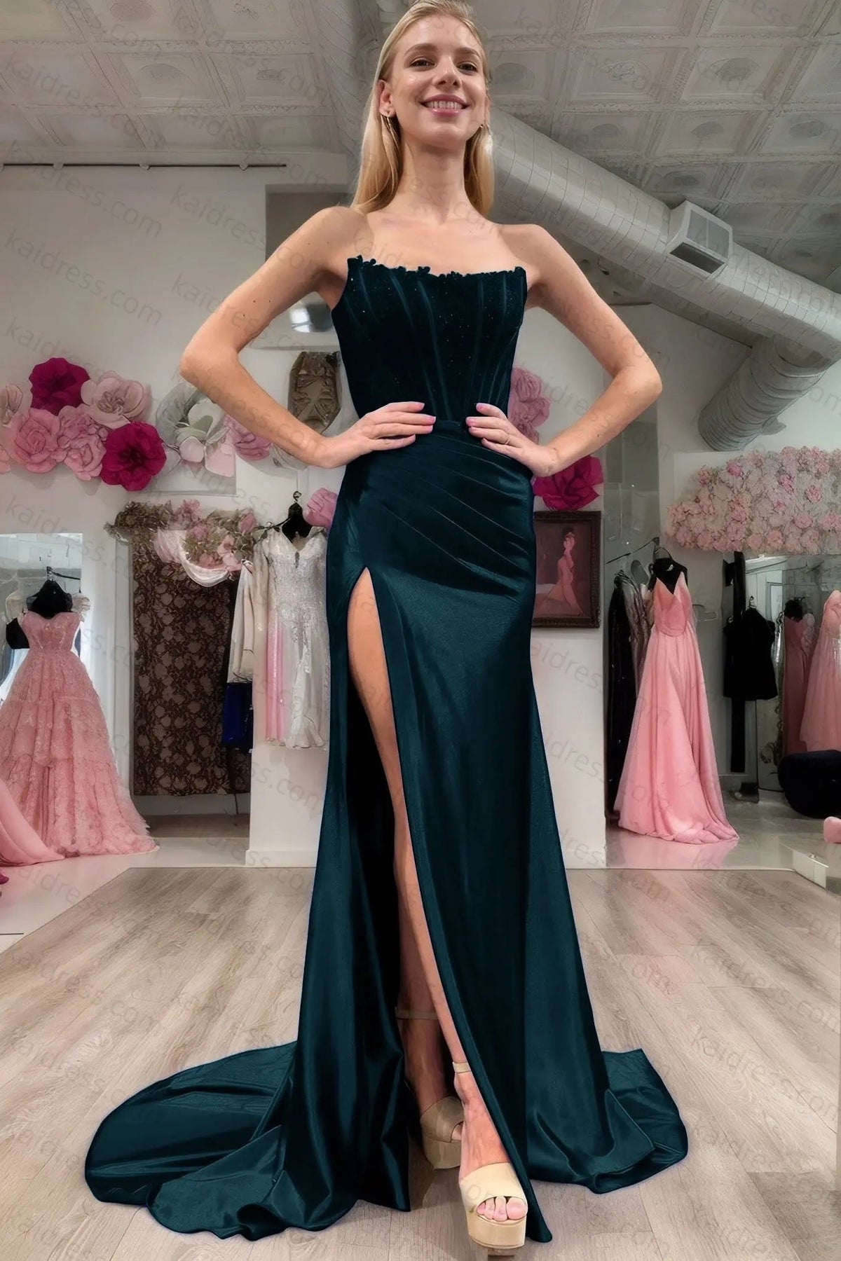 Sheath/Column Elastic Woven Satin Ruched Off-the-Shoulder Sleeveless Sweep/Brush Train Prom Dresses
