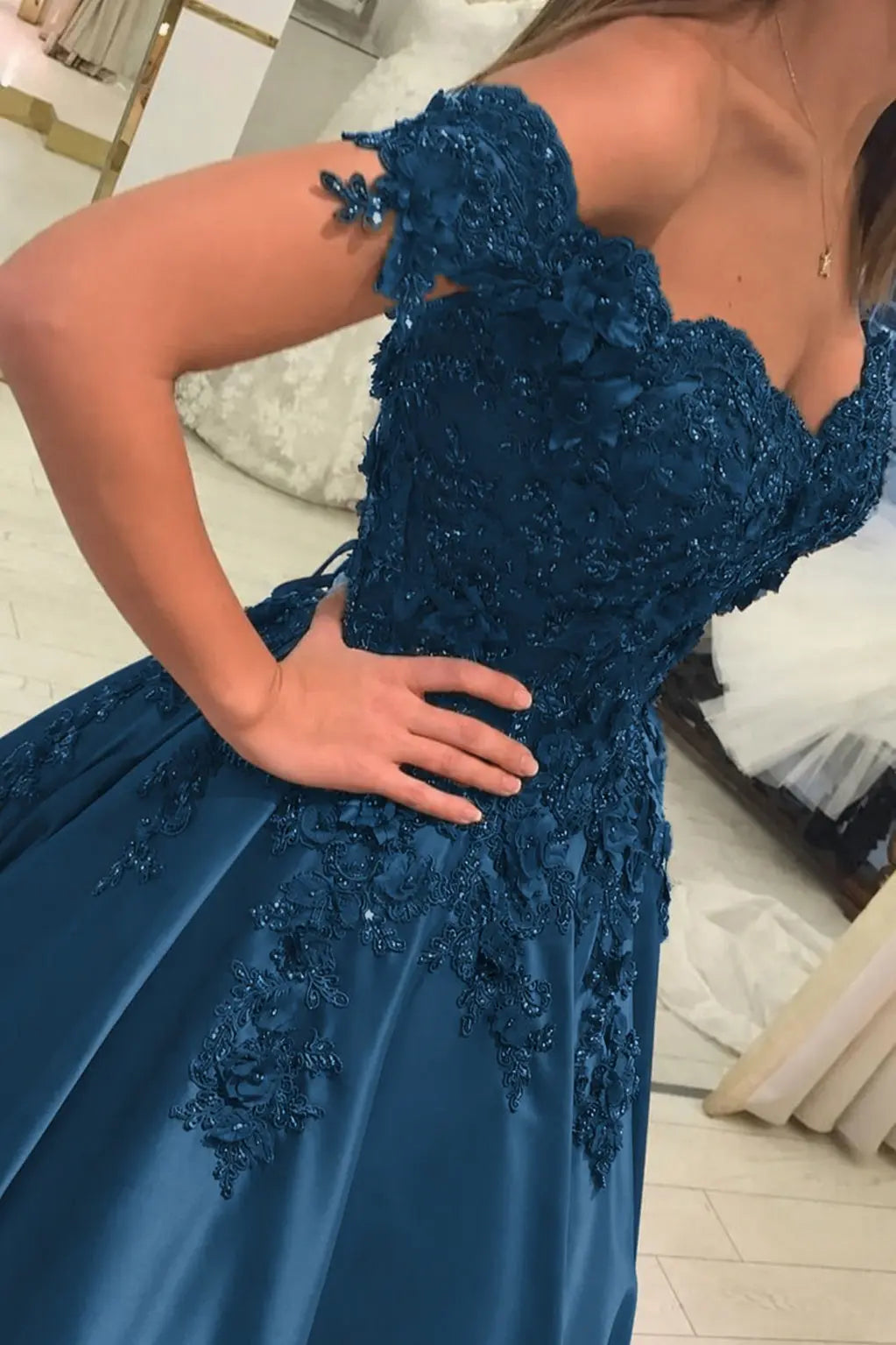 Appliquéd Off-the-Shoulder Satin Princess Prom Dress with Beads
