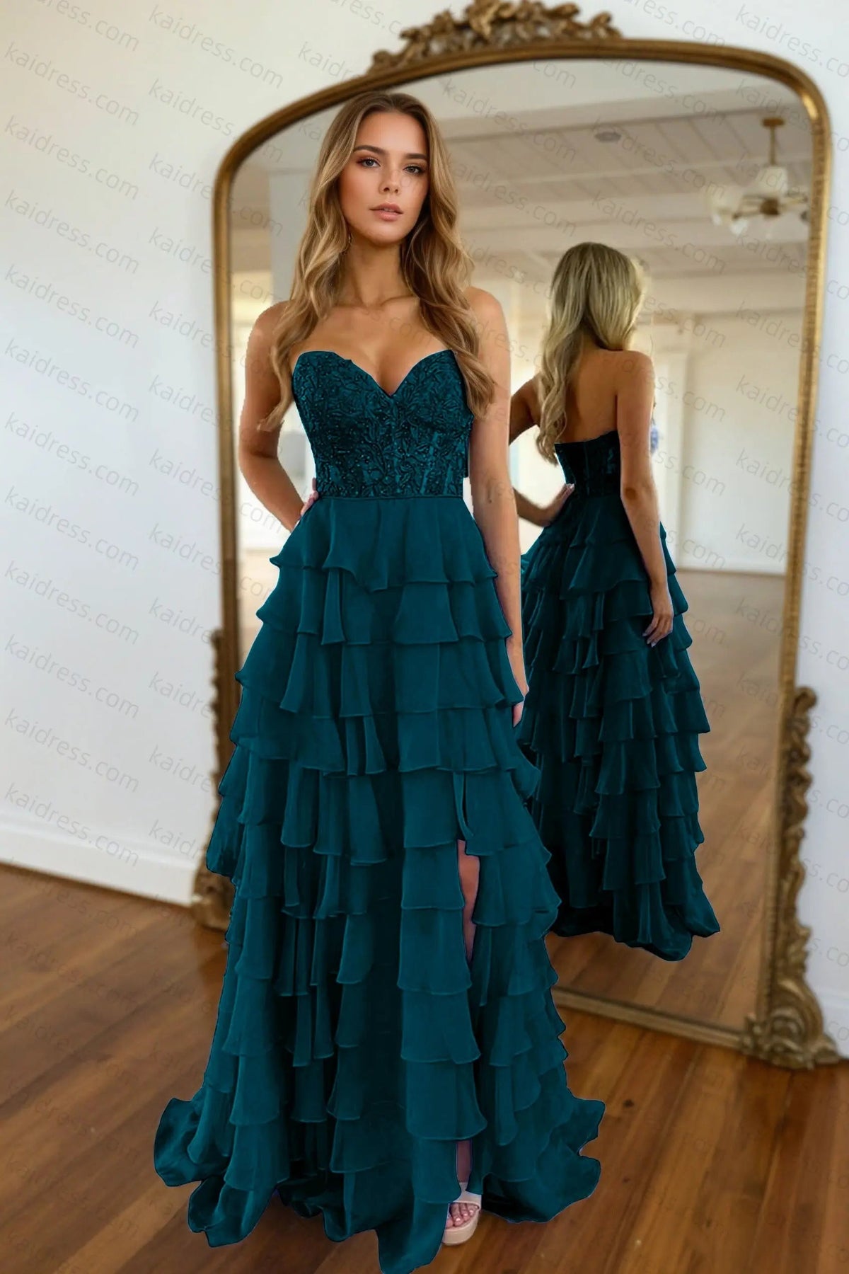 A-line/Princess Chiffon Fuchsia Sweetheart Tiered Ruffles Prom Dress with Slit Applique