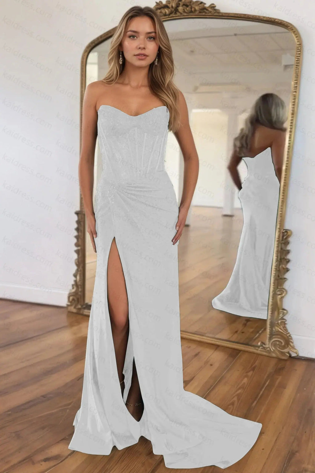 Mermaid Sparkly Golden Sweetheart Beaded Long Corset Prom Dress with Slit