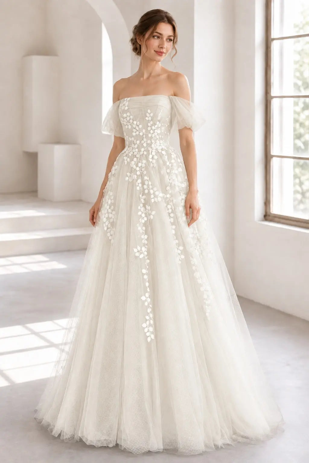 A-Line Tulle Lace Long Prom Dress Off the Shoulder Formal Evening Dress