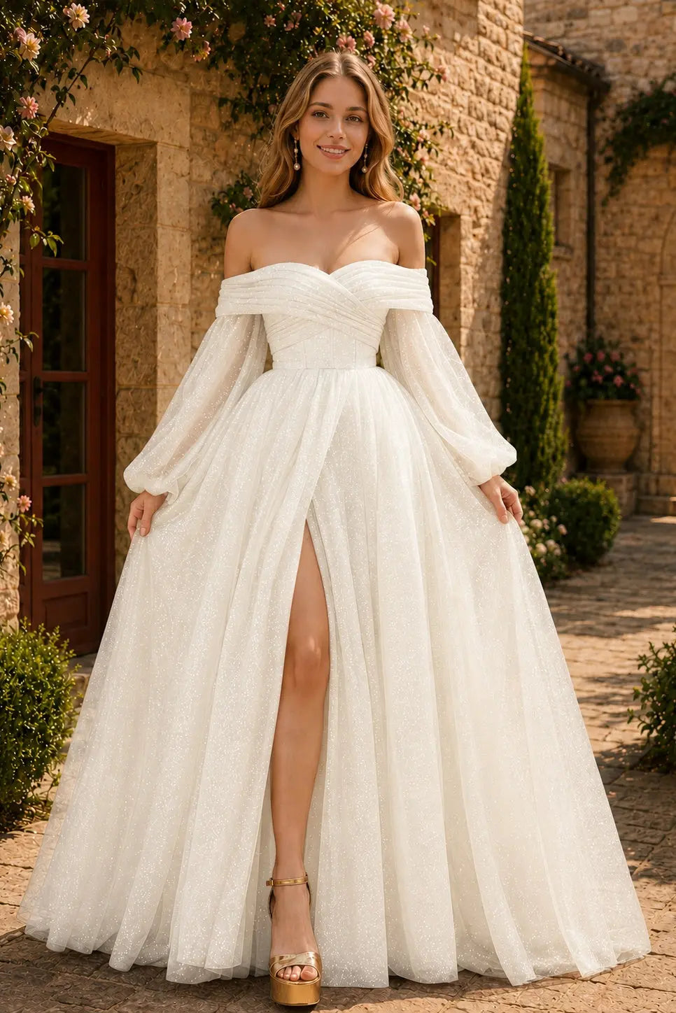A-Line/Princess Tulle Ruched Long  Off-the-Shoulder Long Sleeves Prom Dresses Detachable Sleeves