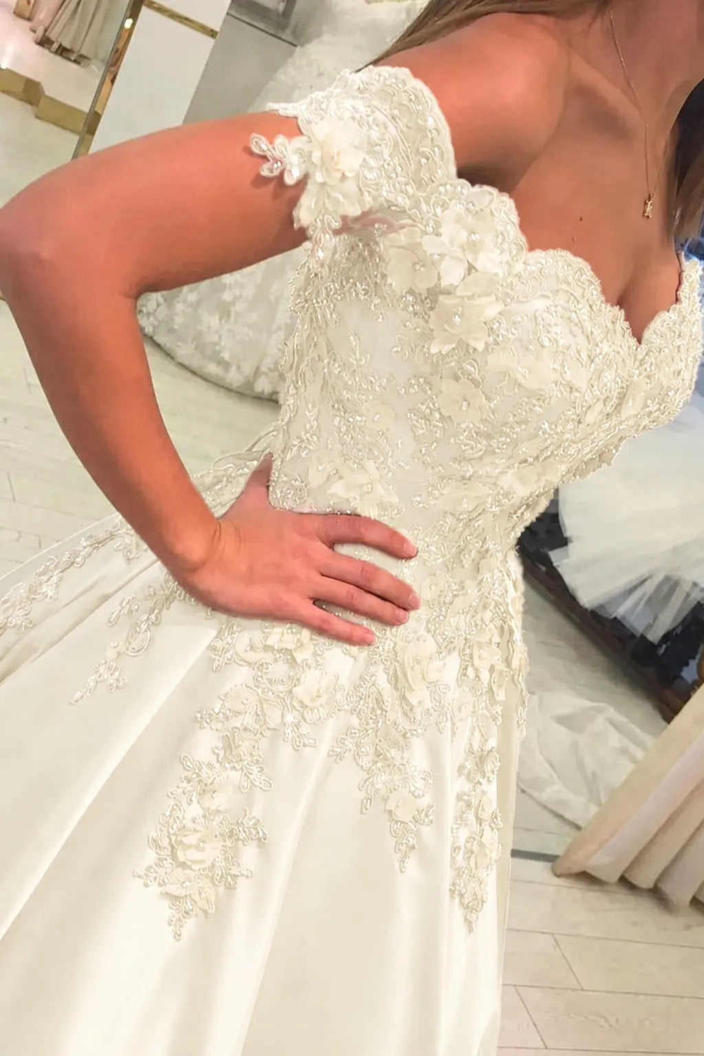 Appliquéd Off-the-Shoulder Satin Princess Prom Dress with Beads
