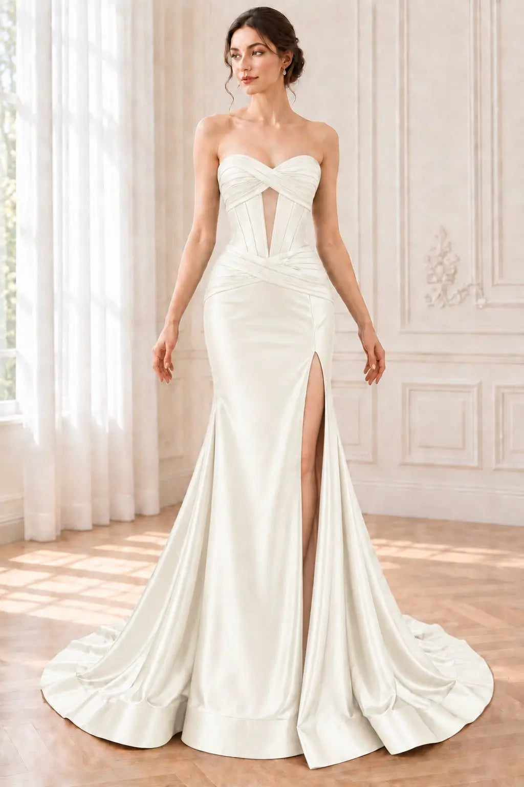 Green Silk Strapless Mermaid Prom Dresses Long Formal Evening Gown with Slit