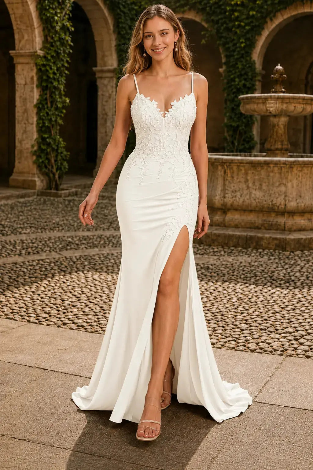 Sheath/Column Spaghetti Straps Lace Applique Beaded Corset Prom Dress with Slit