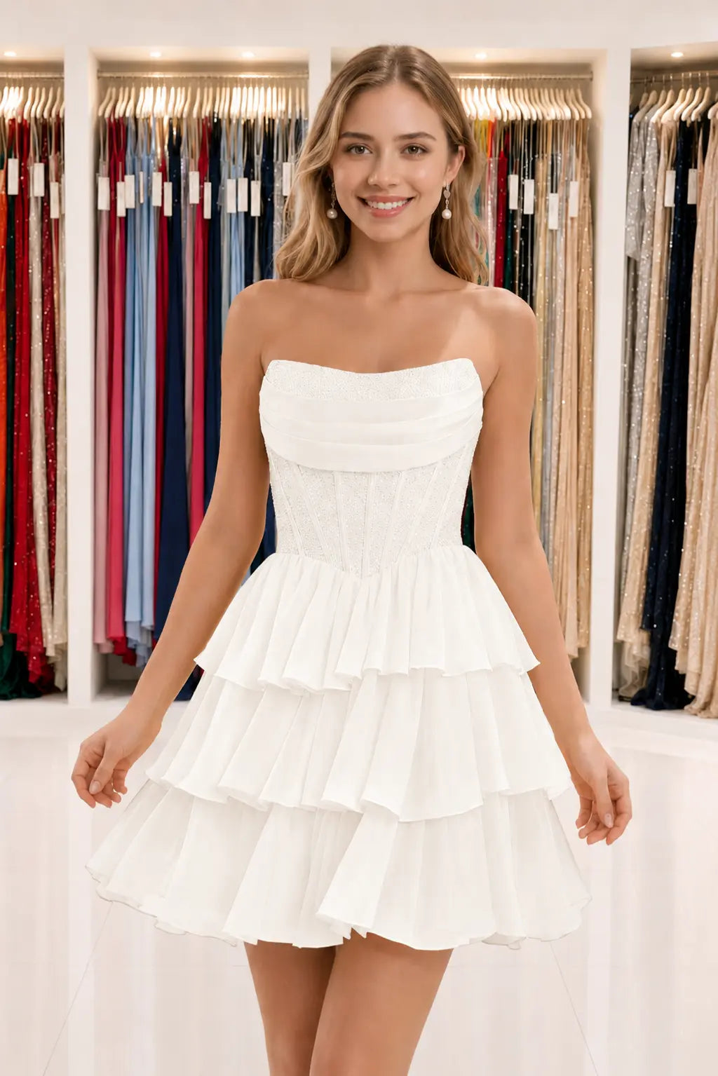 Daffodil Strapless Corset Tiered Ruffle Mini Homecoming Dress With Beading