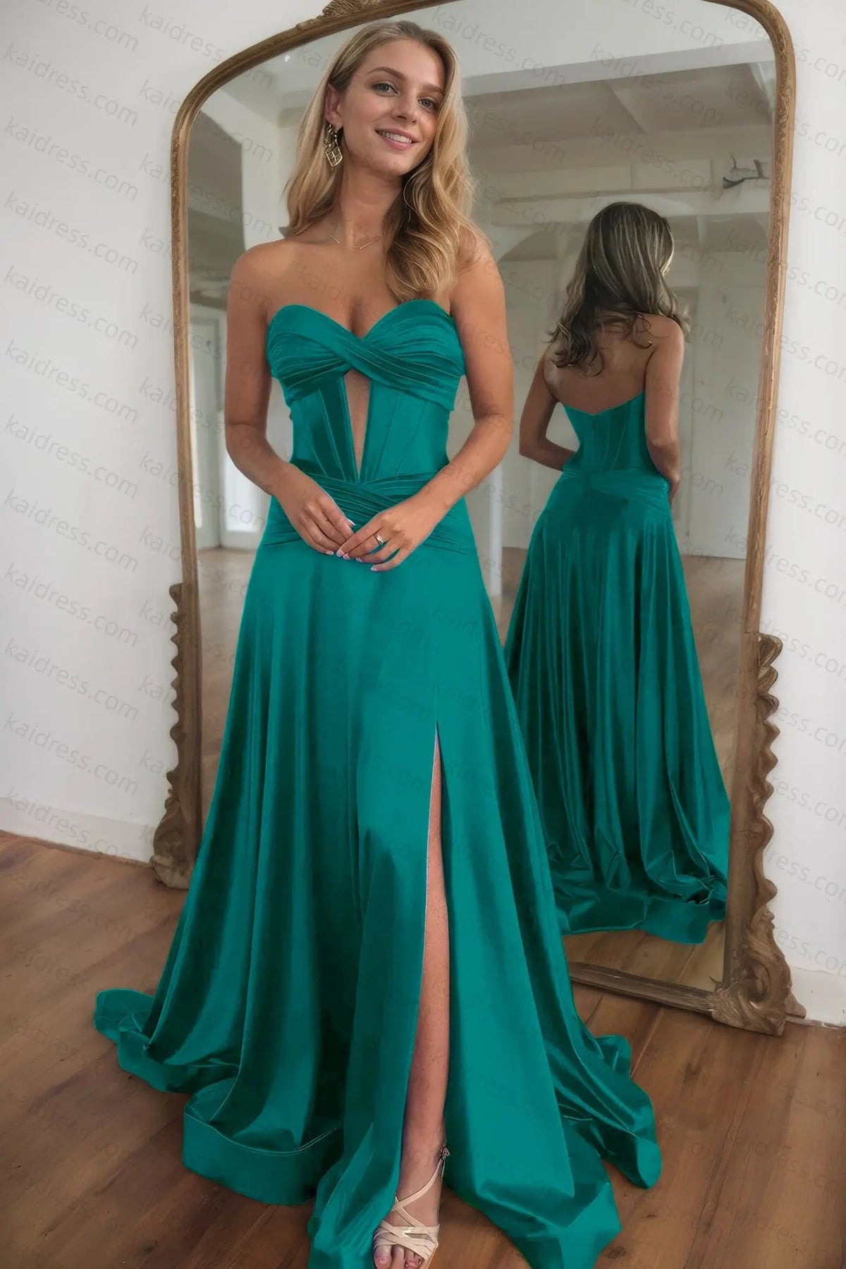 A-line Strapless Silk Long Blue Prom Dresses Elegant Evening Dress