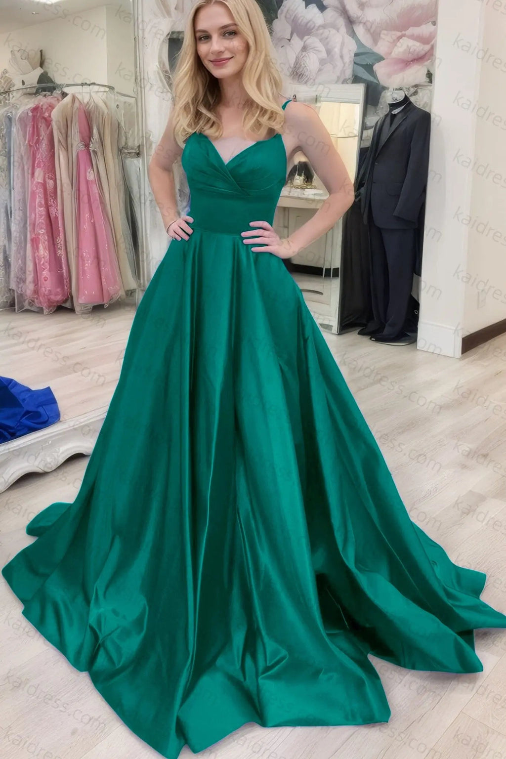 A-line V Neck Sleeveless Court Train Satin Prom Dresses With Bowknot Pleated Waistband