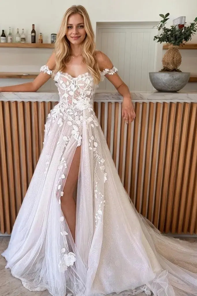 A-Line Tulle Applique Off-the-Shoulder Sleeveless Chapel Train Wedding Dresses