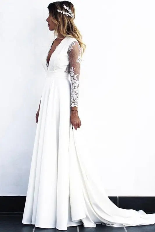 A-Line/Princess Stretch Crepe Lace V-neck Long Sleeves Sweep/Brush Train Wedding Dresses
