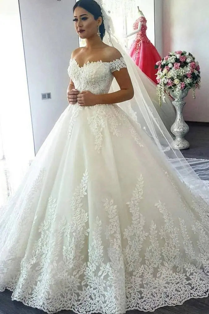 Ball Gown Off-the-Shoulder Sleeveless Sweep/Brush Train Lace Tulle Wedding Dresses
