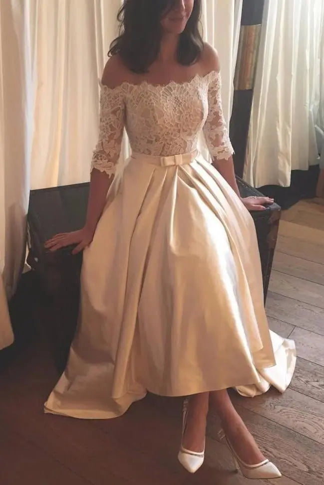 A-line/Princess Off-the-Shoulder Half Sleeve Asymmetrical Satin Wedding Dress With Lace