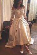 A-line/Princess Off-the-Shoulder Half Sleeve Asymmetrical Satin Wedding Dress With Lace
