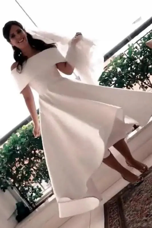Satin Wedding Dress A-line/Princess Off-the-Shoulder Sleeveless Asymmetrical With Pleated