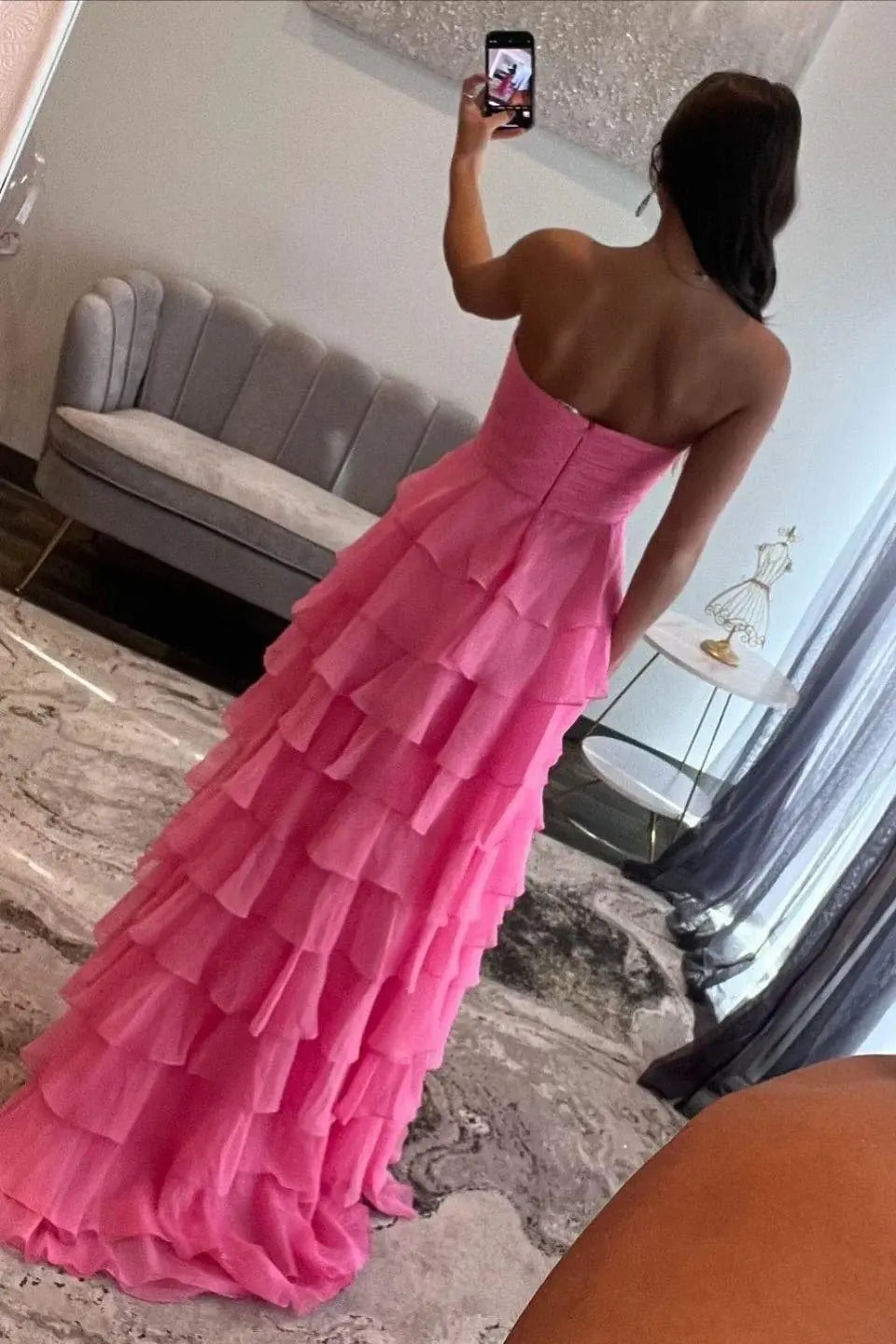 A-line/Princess Chiffon Fuchsia Sweetheart Tiered Ruffles Prom Dress with Slit
