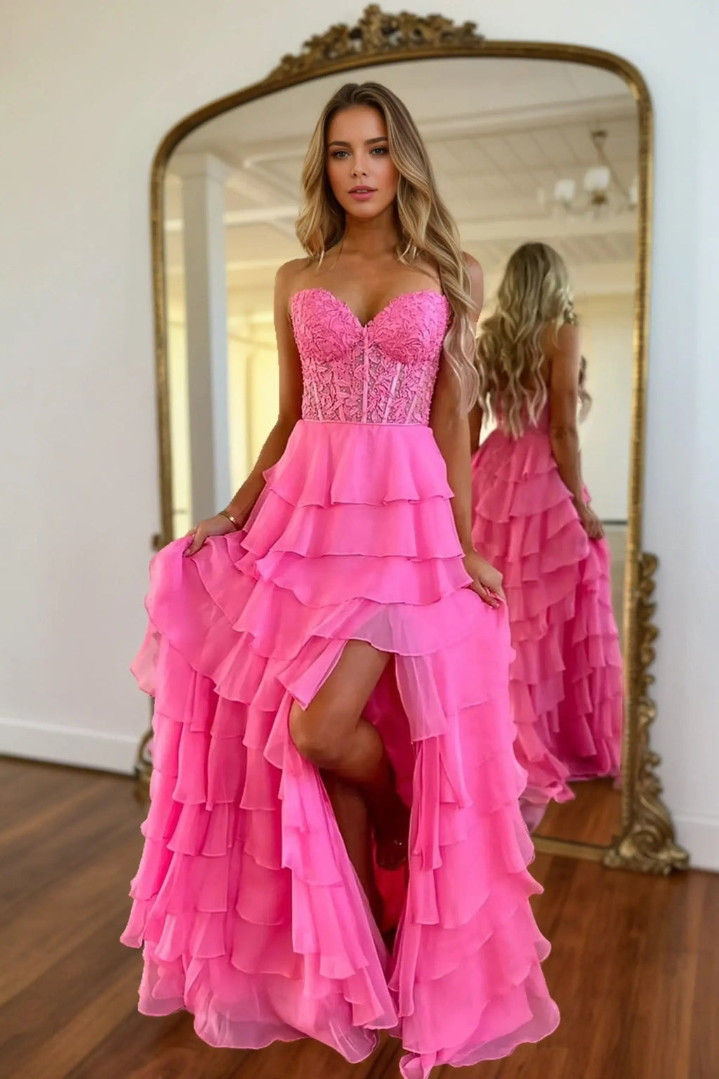 A-line/Princess Chiffon Fuchsia Sweetheart Tiered Ruffles Prom Dress with Slit Applique