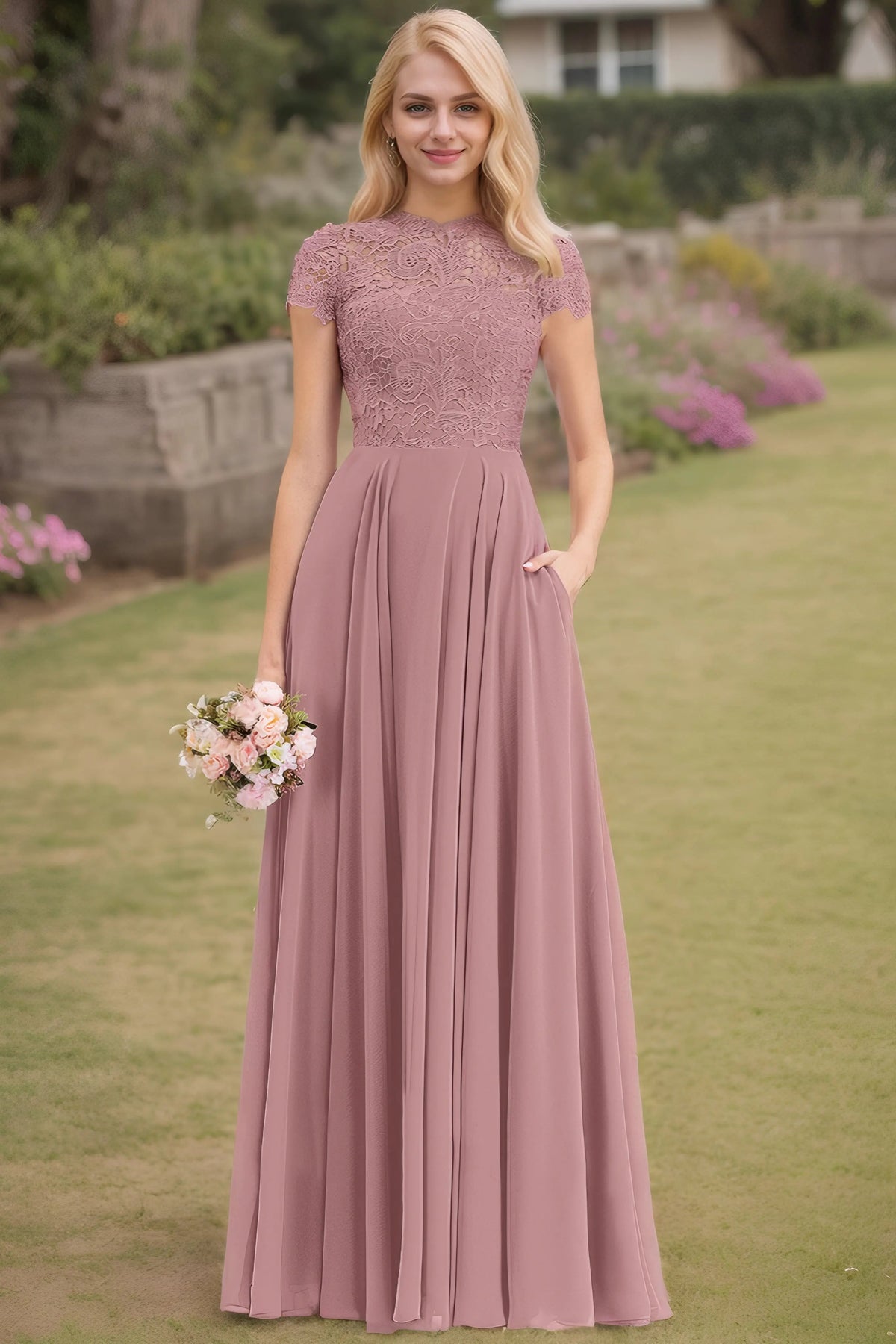 A-Line/Princess Chiffon Lace Scoop Short Sleeves Pocket Floor-Length Bridesmaid Dresses
