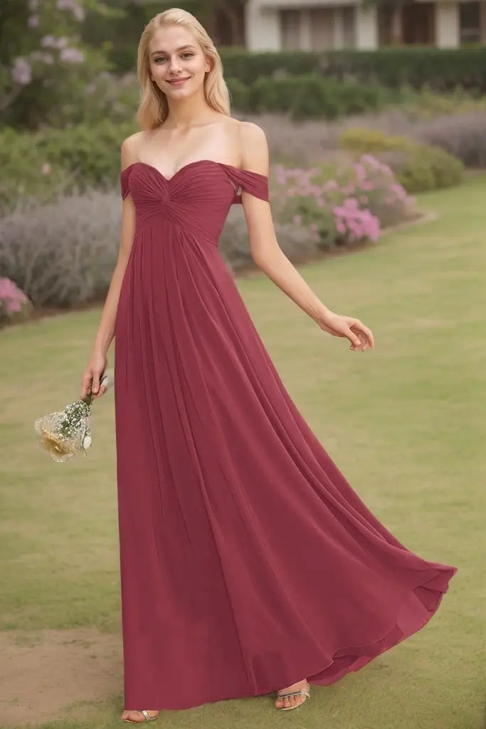 A-Line/Princess Chiffon Ruched Off-The-Shoulder Sleeveless Floor-Length Bridesmaid Dresses
